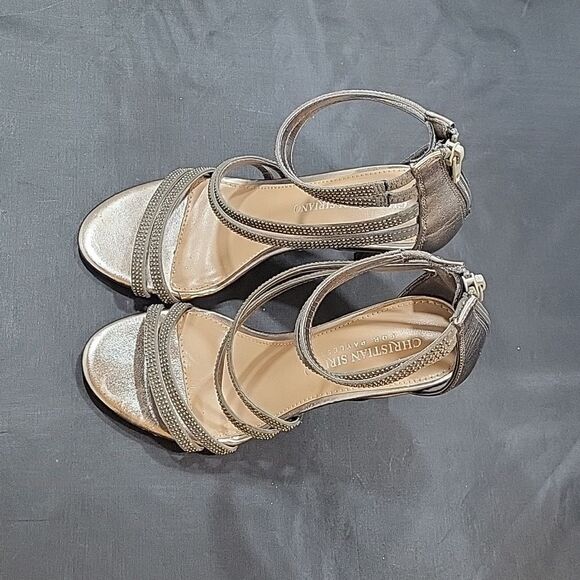 CHRISTIAN SIRIANO WOMEN'S PU ANKLE STRAP OPEN TOE RHINESTONE  HEELS SANDALS - Picture 7 of 14